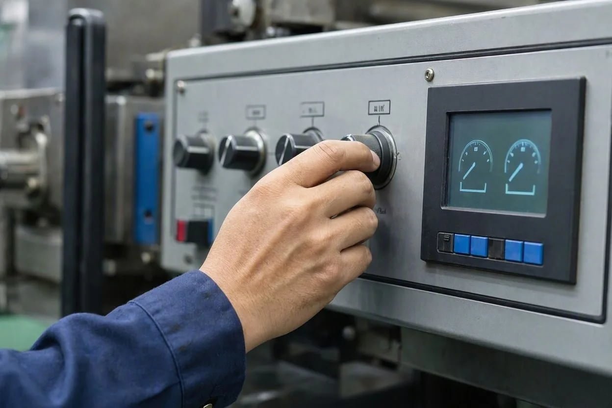 Injection molding temperature control panel showing different material parameters