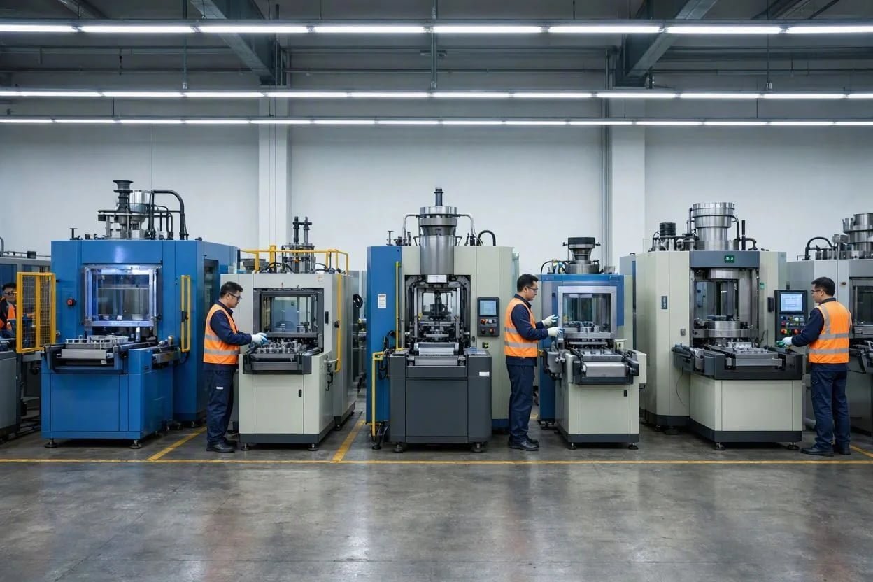 Luggage factory production line showing injection molding equipment setup