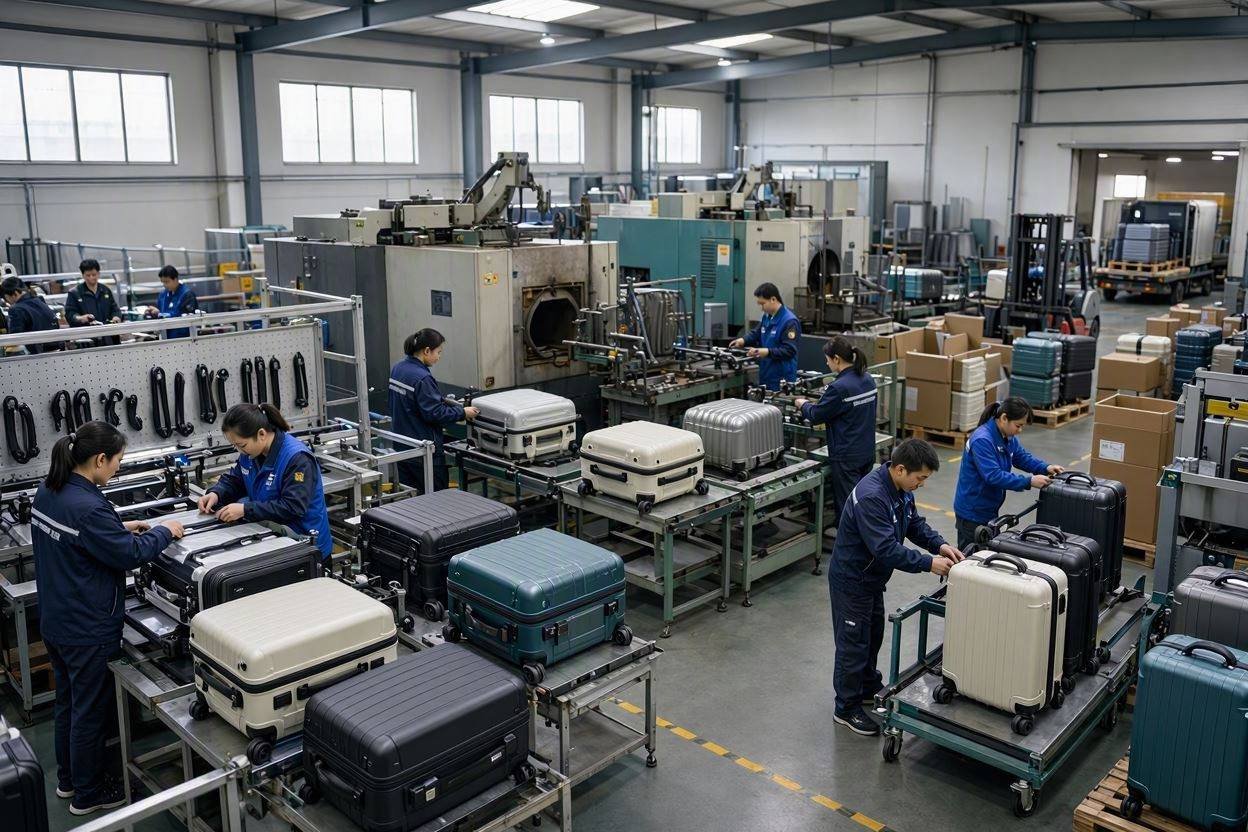 Chinese luggage factory production floor with multiple assembly lines and workers assembling ABS PC suitcases