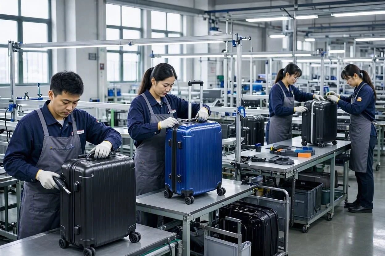 Luggage manufacturing capacity breakdown showing production lines, quality control, and packaging stages
