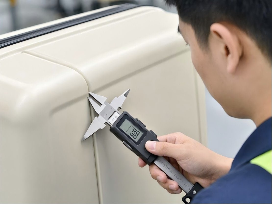 Quality inspector using a vernier caliper to measure product thickness in a testing lab