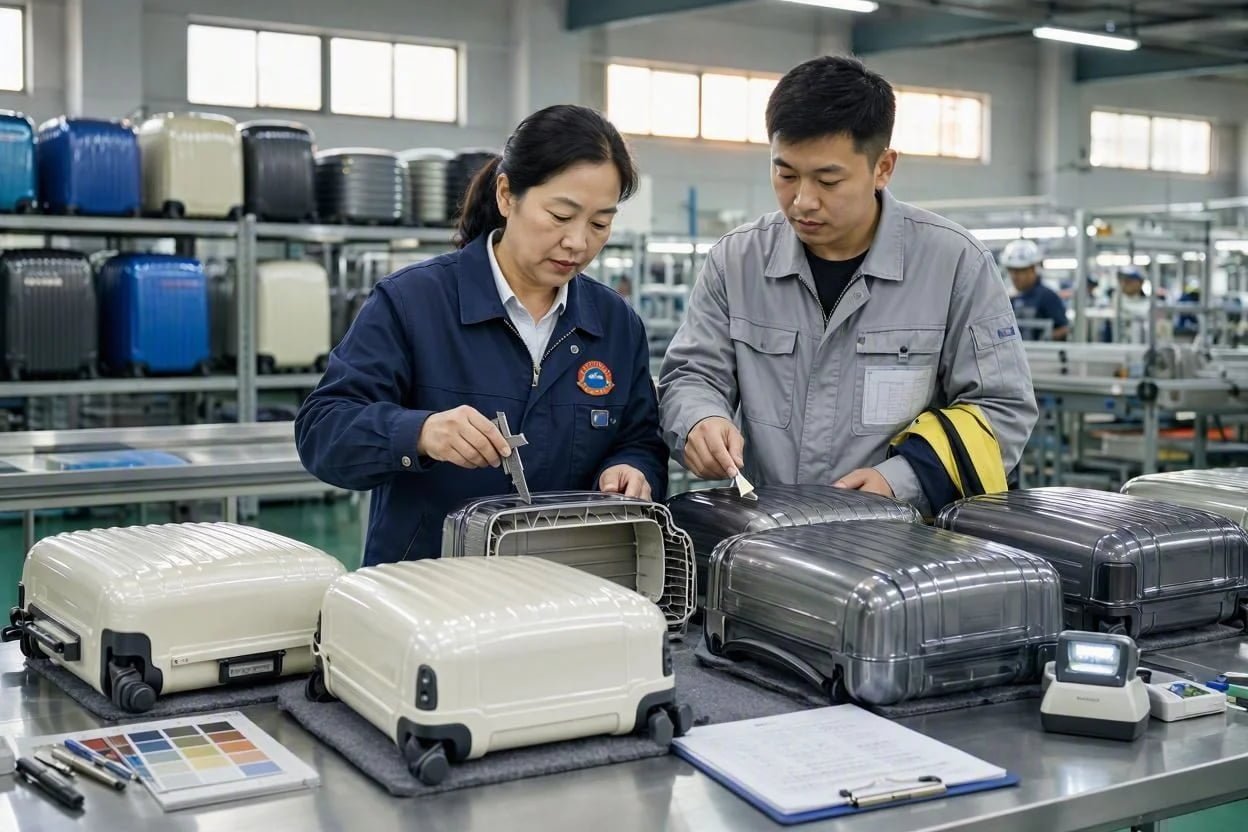 luggage factory quality control inspection ABS PC material